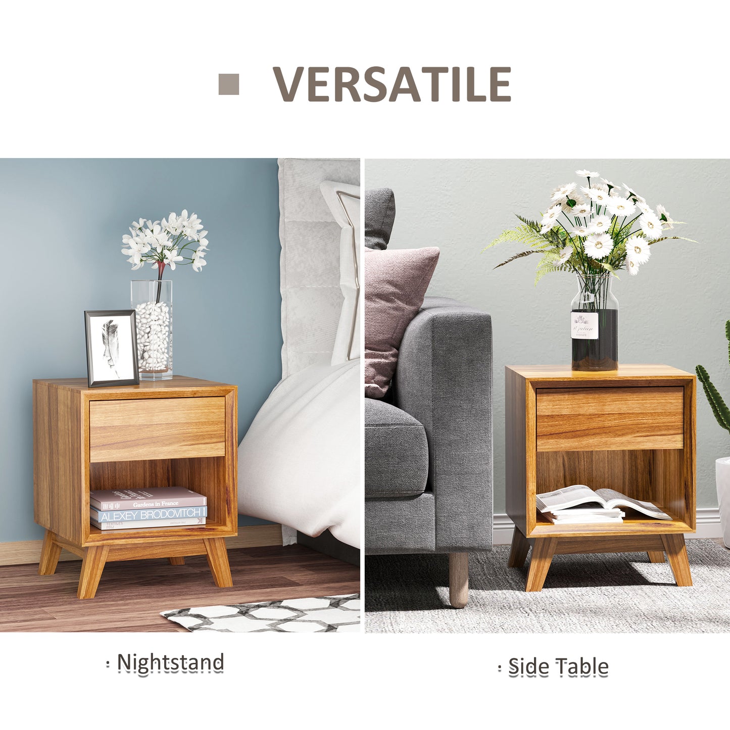 HOMCOM Bedside Table for Bedroom, Nightstand with Drawer and Shelf, Modern Side End Table, Walnut Brown