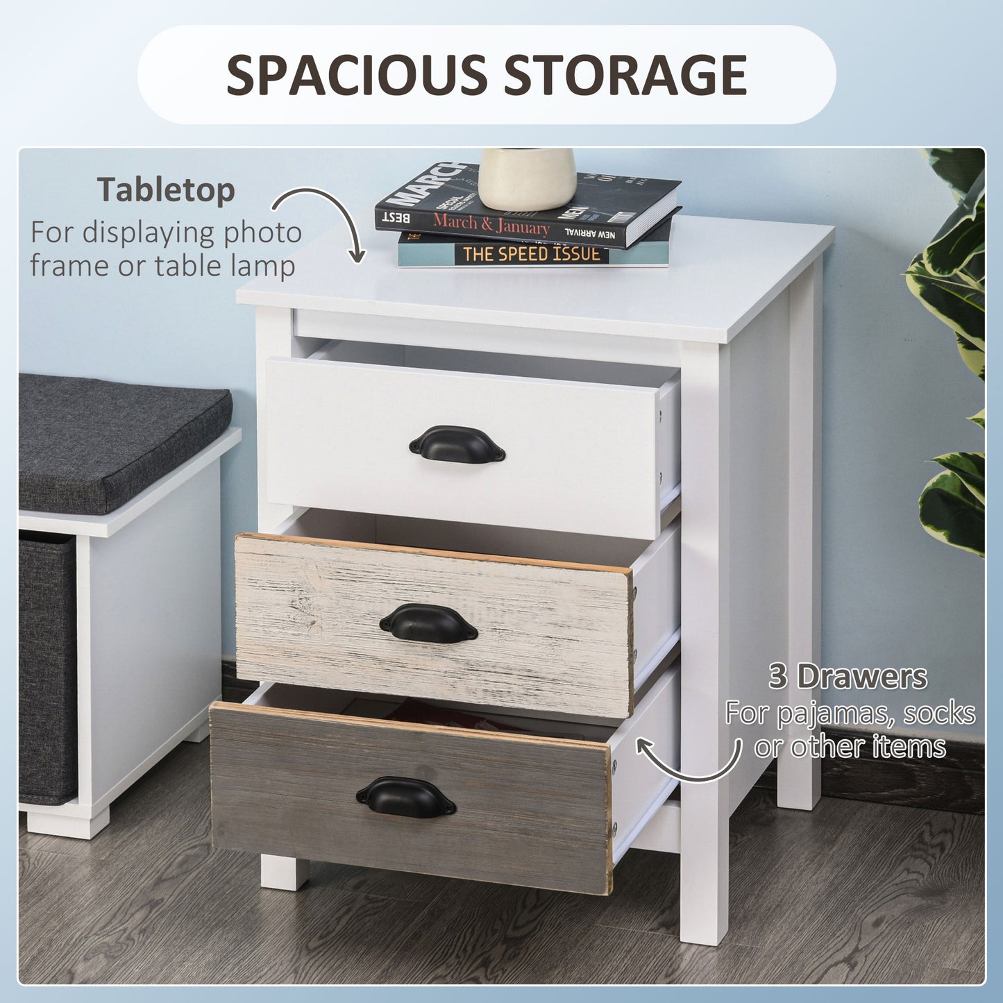 HOMCOM Accent Table Storage Cabinet with 3 Drawers Wooden Bedside Table Night Stand, Home Furniture
