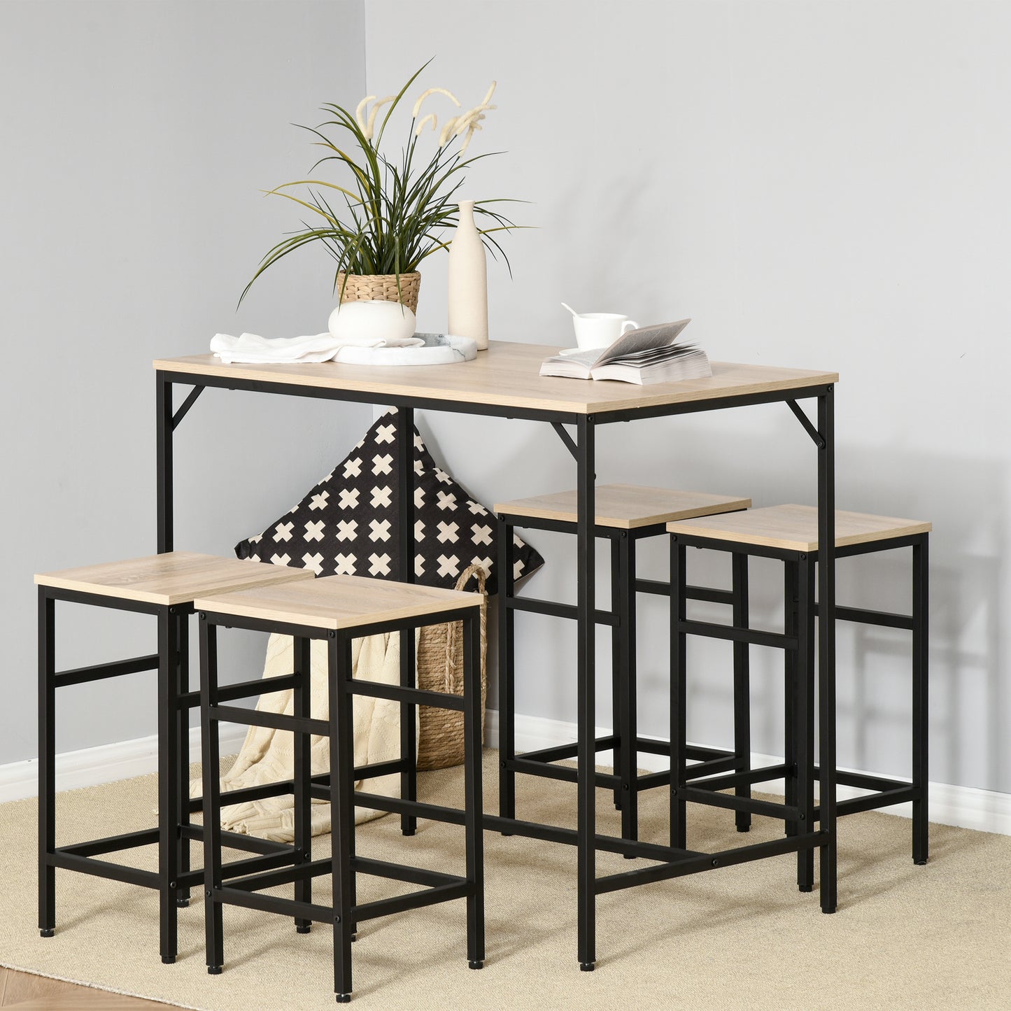 HOMCOM 5 Pieces Industrial Rectangular Bar Table Set, Dining Table Set Breakfast Table with 4 Stools for Dining Room, Kitchen, Dinette, Rustic Brown
