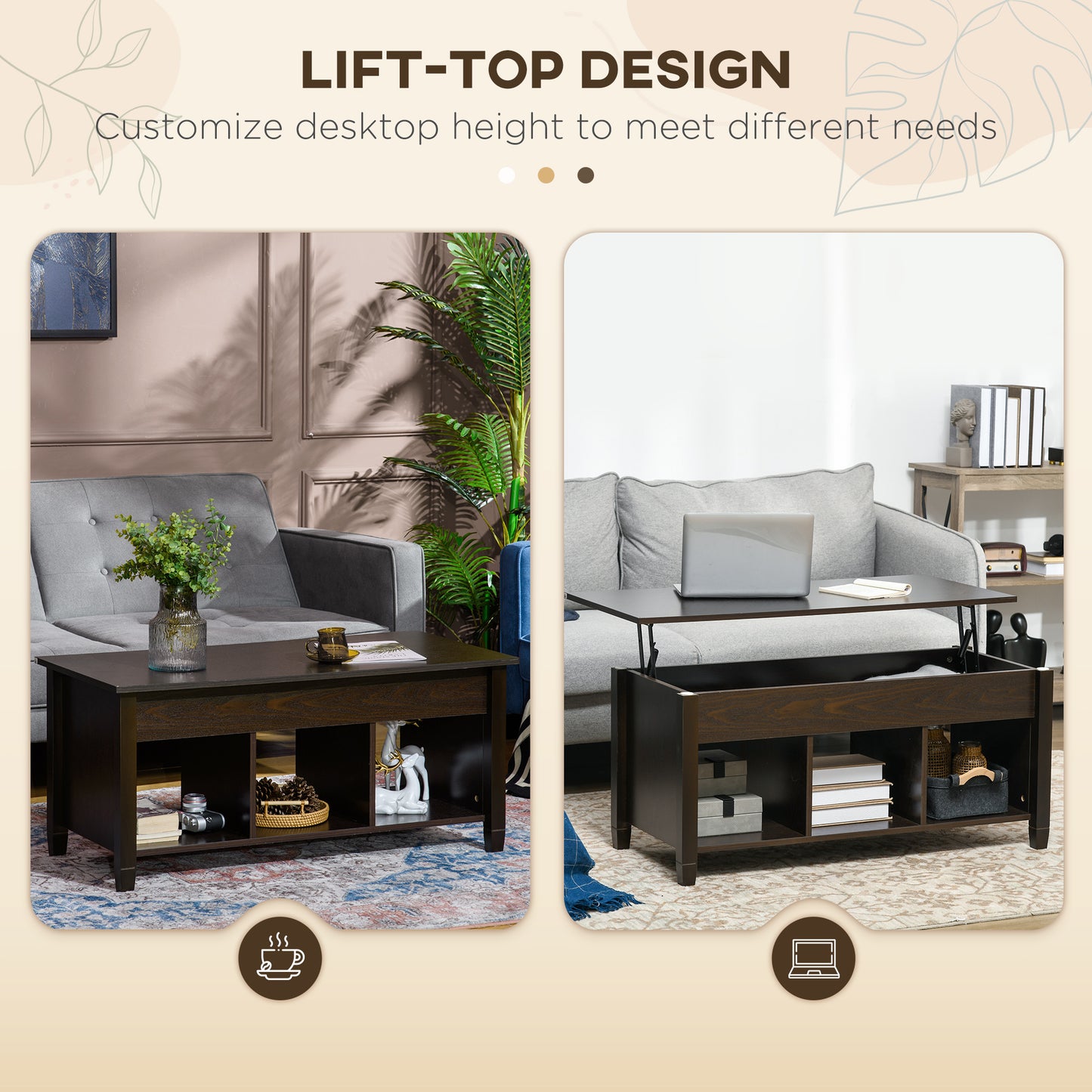 HOMCOM Lift Top Coffee Table with Hidden Storage Compartment and 3 Lower Shelves, Pop-Up Center Table for Living Room, Espresso