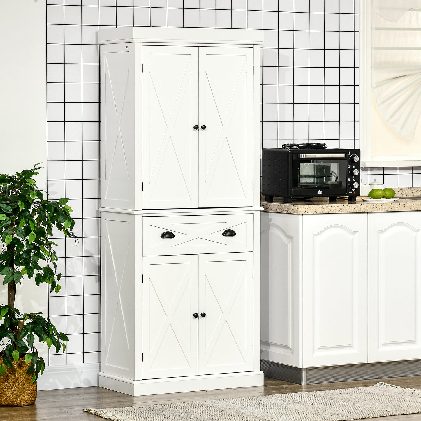 HOMCOM 72.5" Kitchen Pantry Cabinet, Freestanding Storage Cabinet with 4 Doors, Drawer and Adjustable Shelves, Black