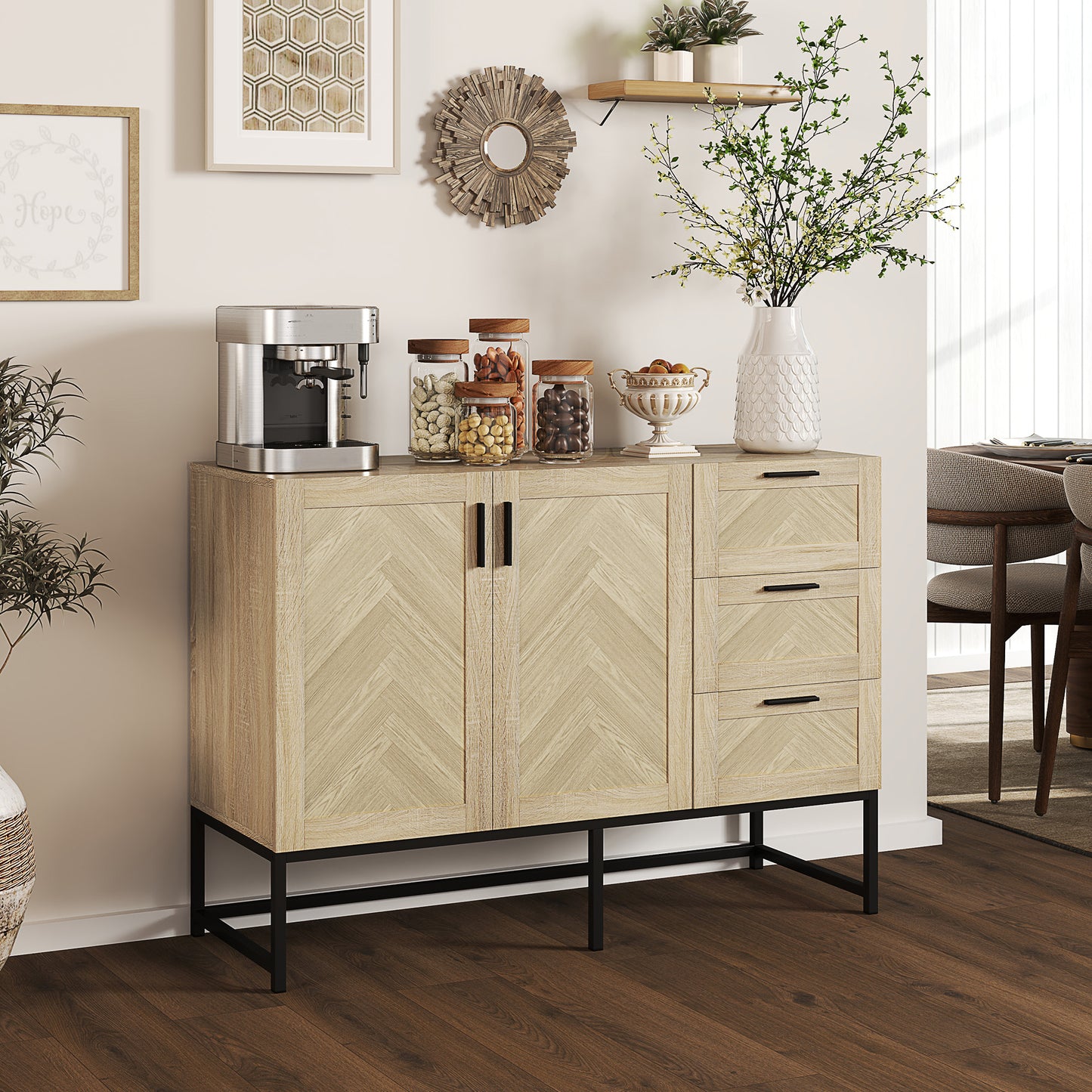 HOMCOM Buffet Cabinet, Coffee Bar Cabinet with Drawers and Adjustable Shelf, Oak