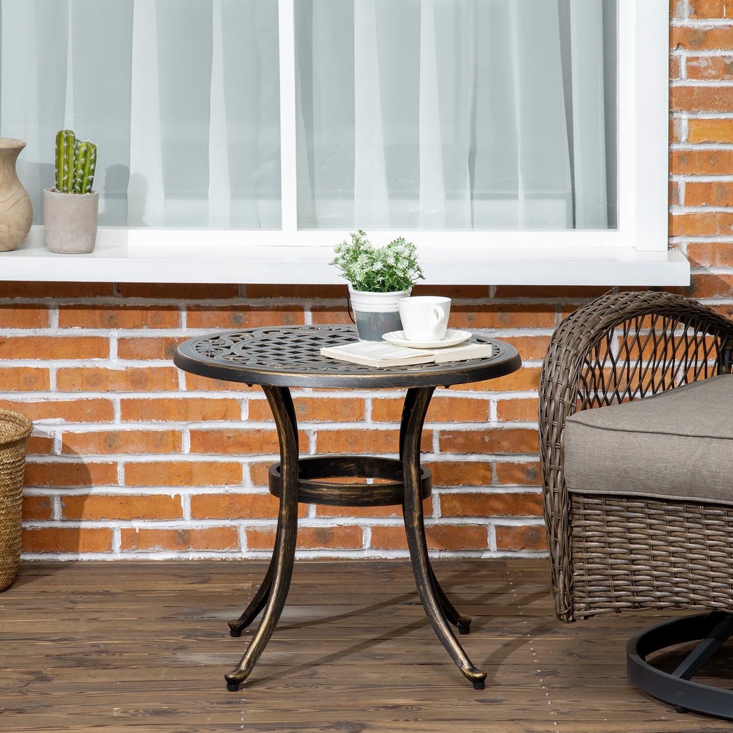 Outsunny Ф23.6" Round Outdoor Side Table, Cast Aluminum Frame Patio Coffee Side Desk for Patio, Garden, Balcony, Bronze