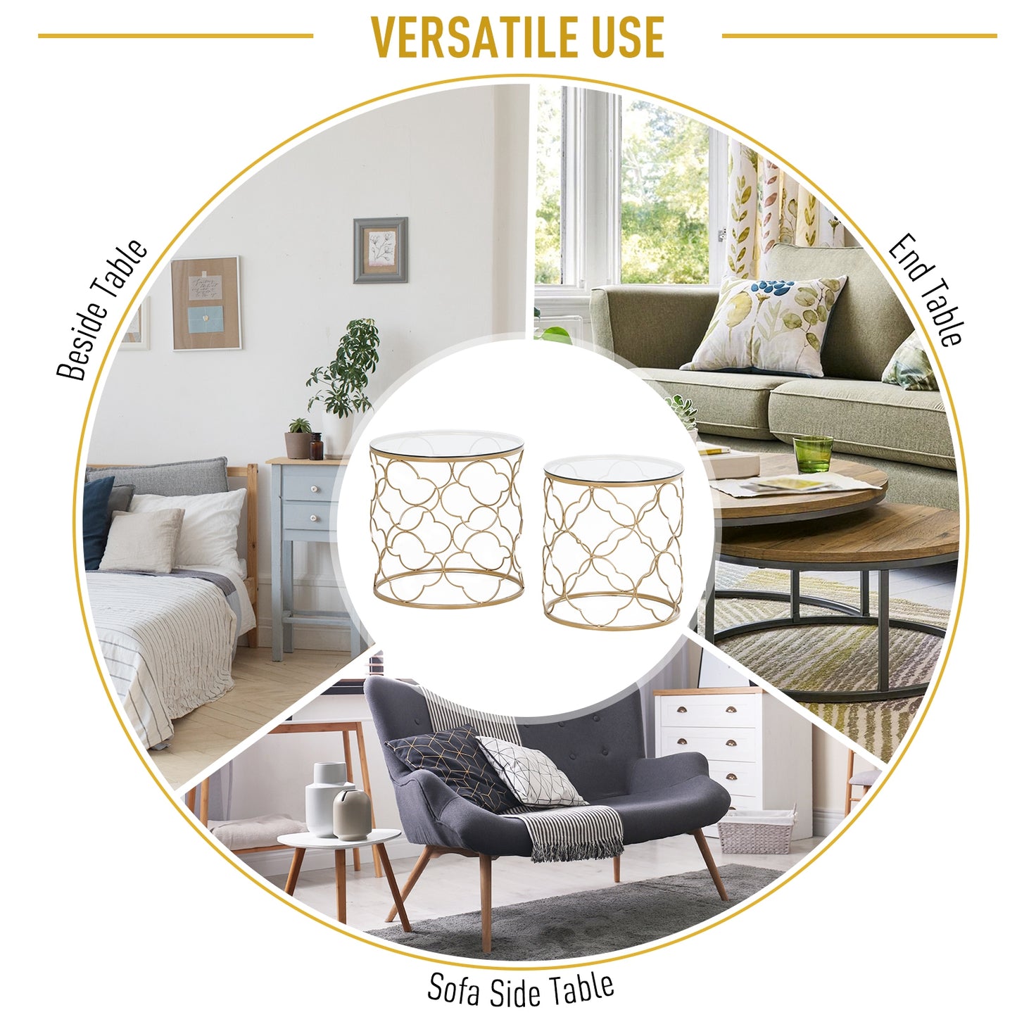 HOMCOM Set of 2 Nesting Table Coffee End Table Set Modern for Living room Furniture Decor Gold Tempered Glass