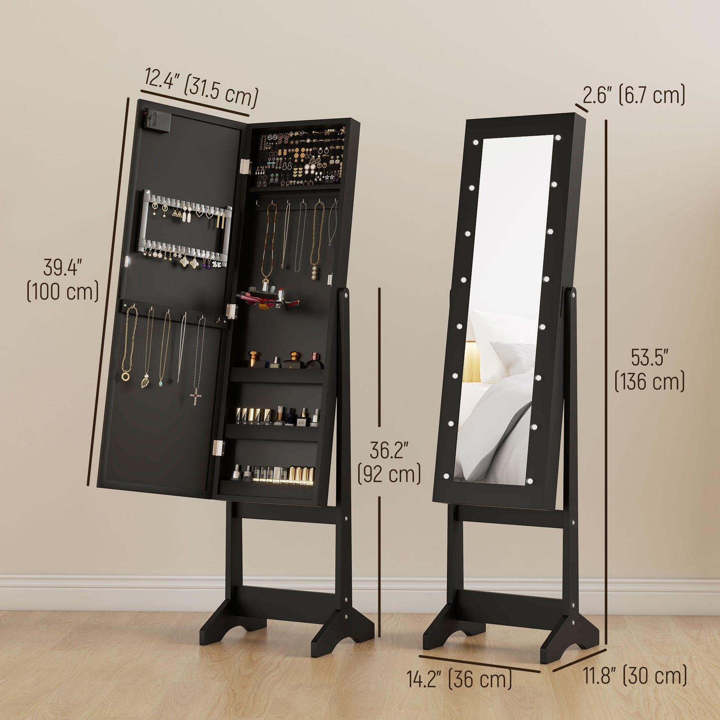 HOMCOM Free Standing Armoire Organizer, Lighted Mirrored Jewelry Cabinet w/ Angle Adjustable & 16 LED Lights Warm White