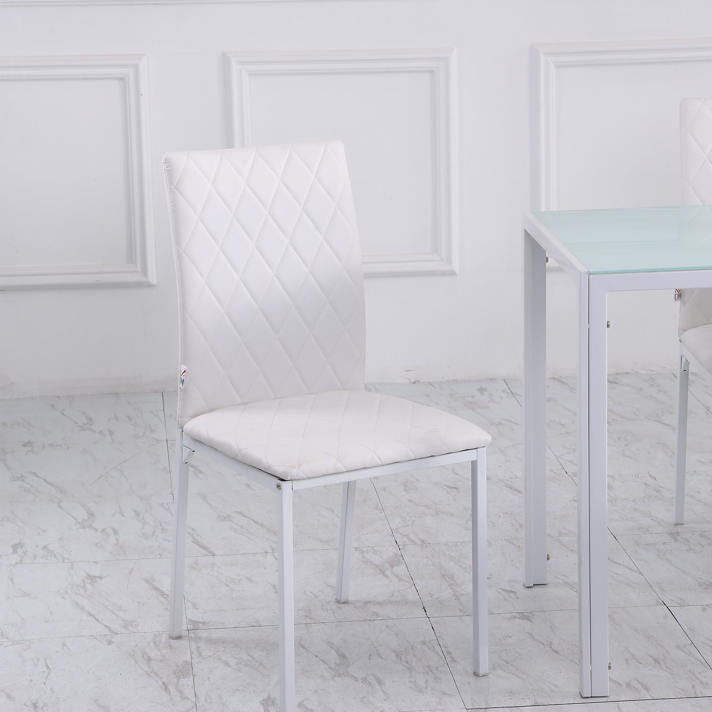 HOMCOM Modern Dining Chairs Set of 4, Upholstered Faux Leather Kitchen Chairs with Rhombic Tufting and Metal Legs for Living Room, White