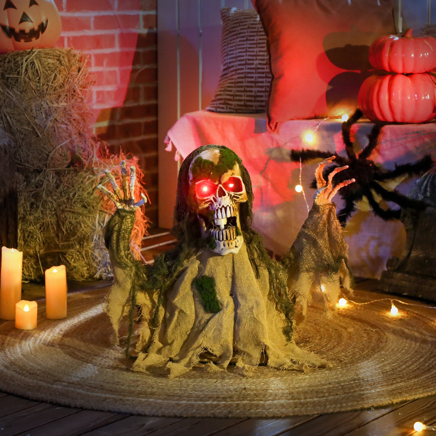 Outsunny Halloween Animated Skeleton with Glowing LED Eyes, Animatronic Halloween Decorations, Battery Operated