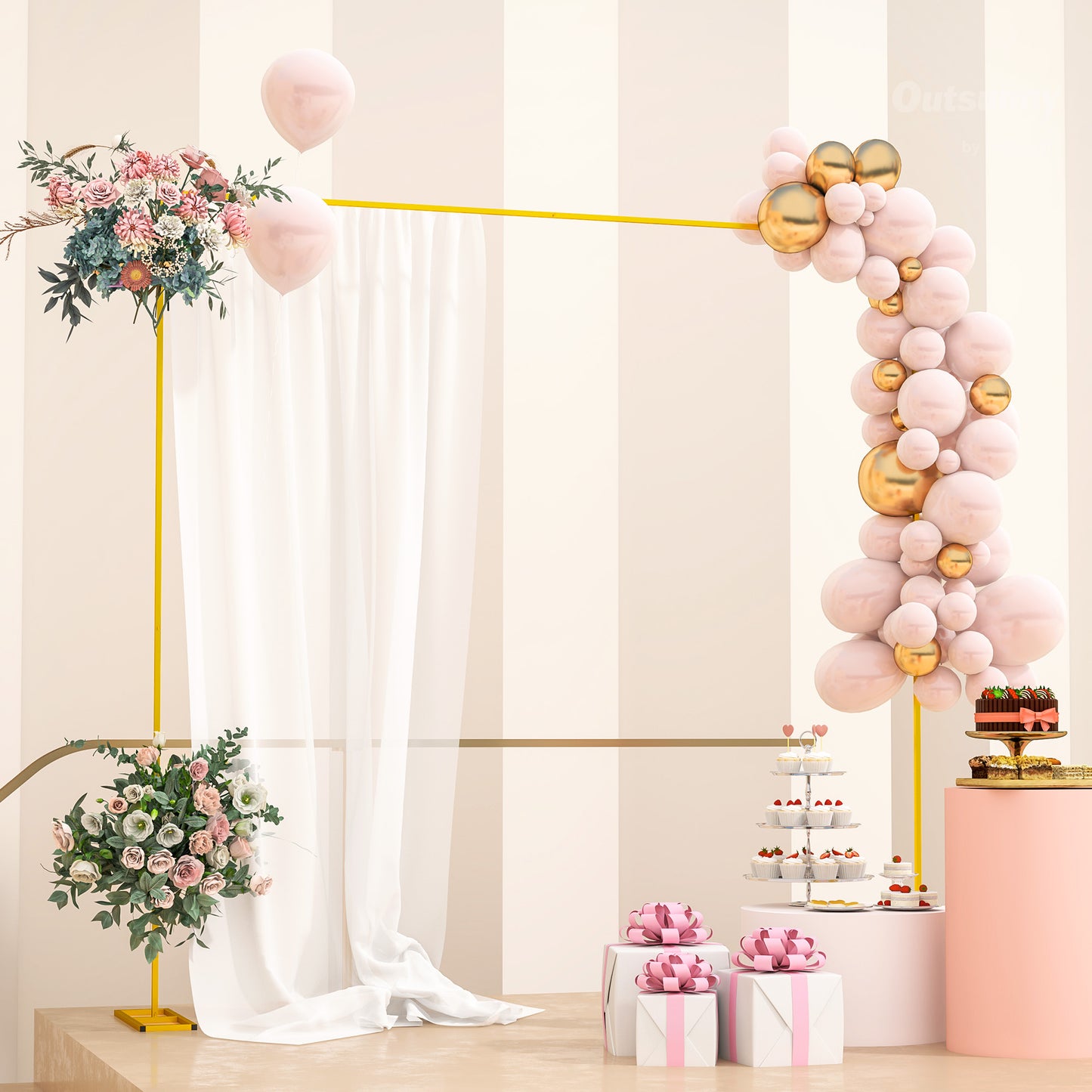 Outsunny 10FT x 10FT Wedding Arch Backdrop Stand, Metal Garden Balloon Arch Stand for Birthday Party, Bridal Shower, Graduation, Ceremony, Banquet Decorations, Gold