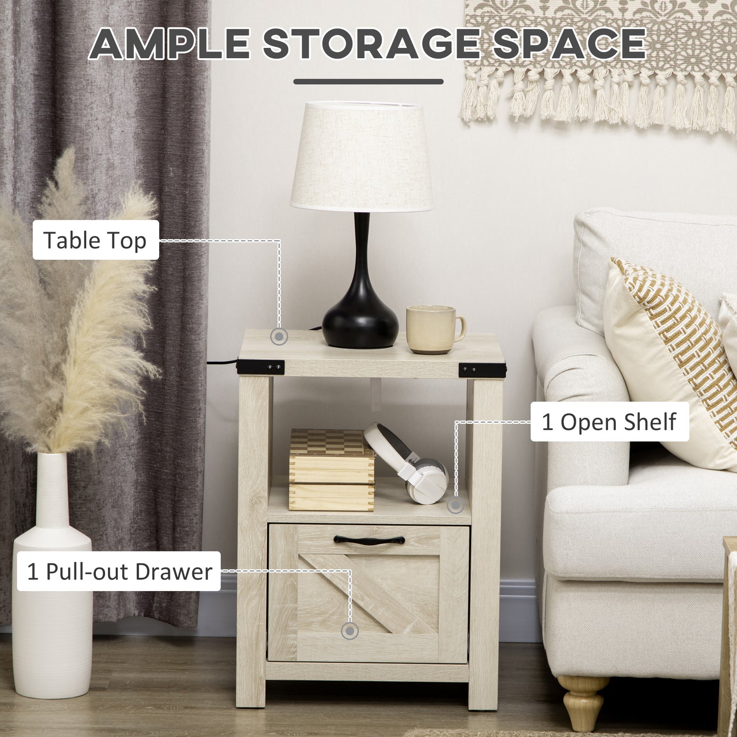 HOMCOM Side Table with Storage, Farmhouse End Table with Drawer, Open Shelf and Barn-style Panel, Nightstand for Living Room, Bedroom, Oak