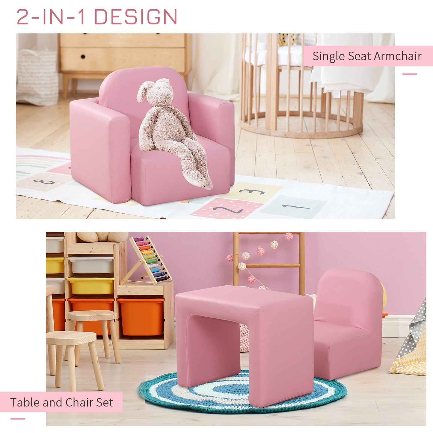 Qaba Kids Sofa, 2-in-1 Multi-Functional Toddler Table and Chair, Children Armchair Sturdy Couch for 3-9 Years Old, Pink