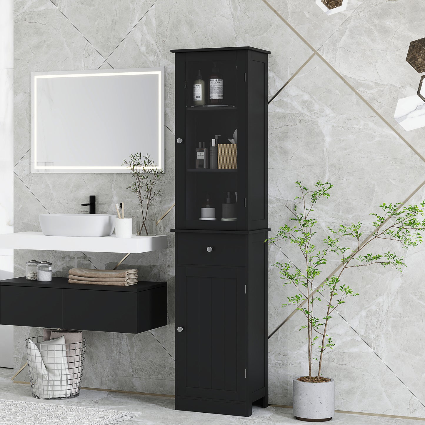 kleankin Tall Bathroom Cabinet, Bathroom Storage Cabinet with Drawers, 2 Doors and Adjustable Shelves, White