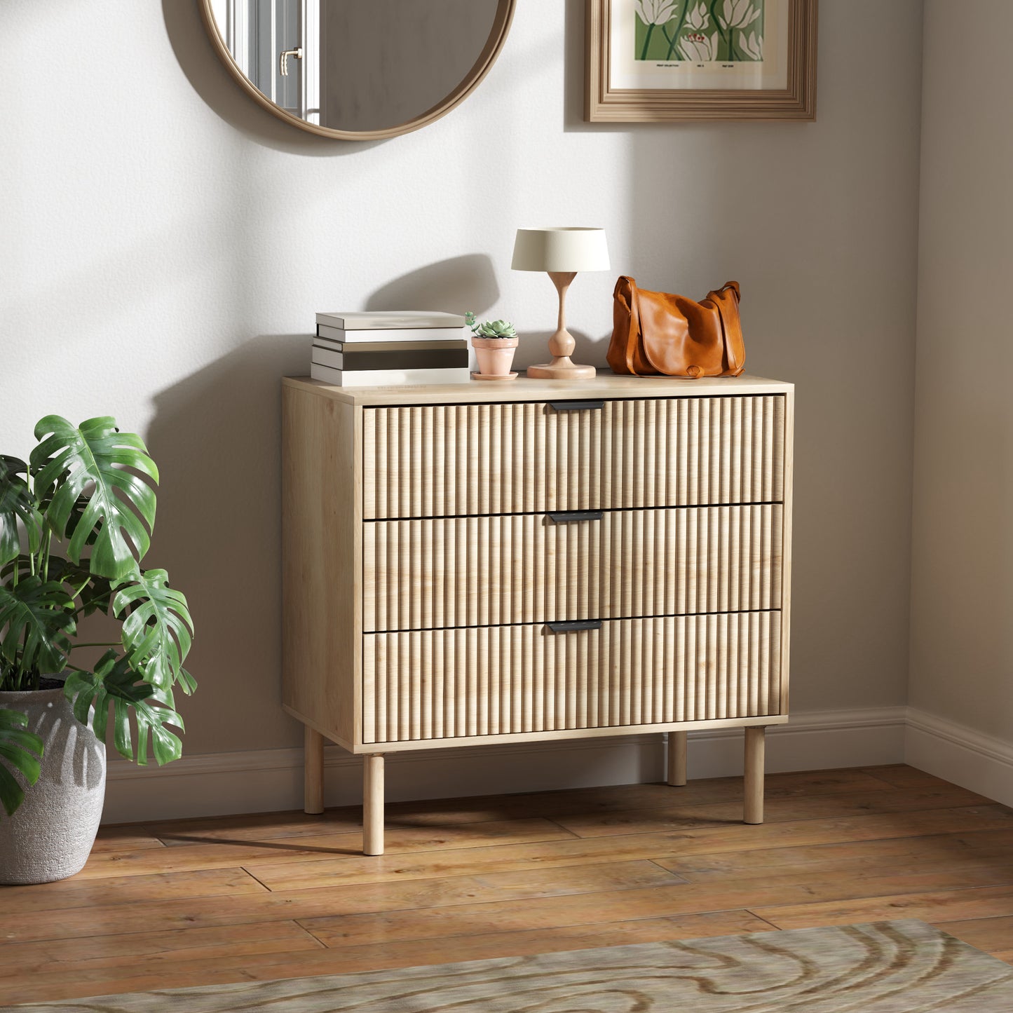 HOMCOM Bedroom Chest of Drawers, 3 Drawer Dresser with Fluted Panels and Solid Wood Legs, Storage Cabinet for Living Room, Oak