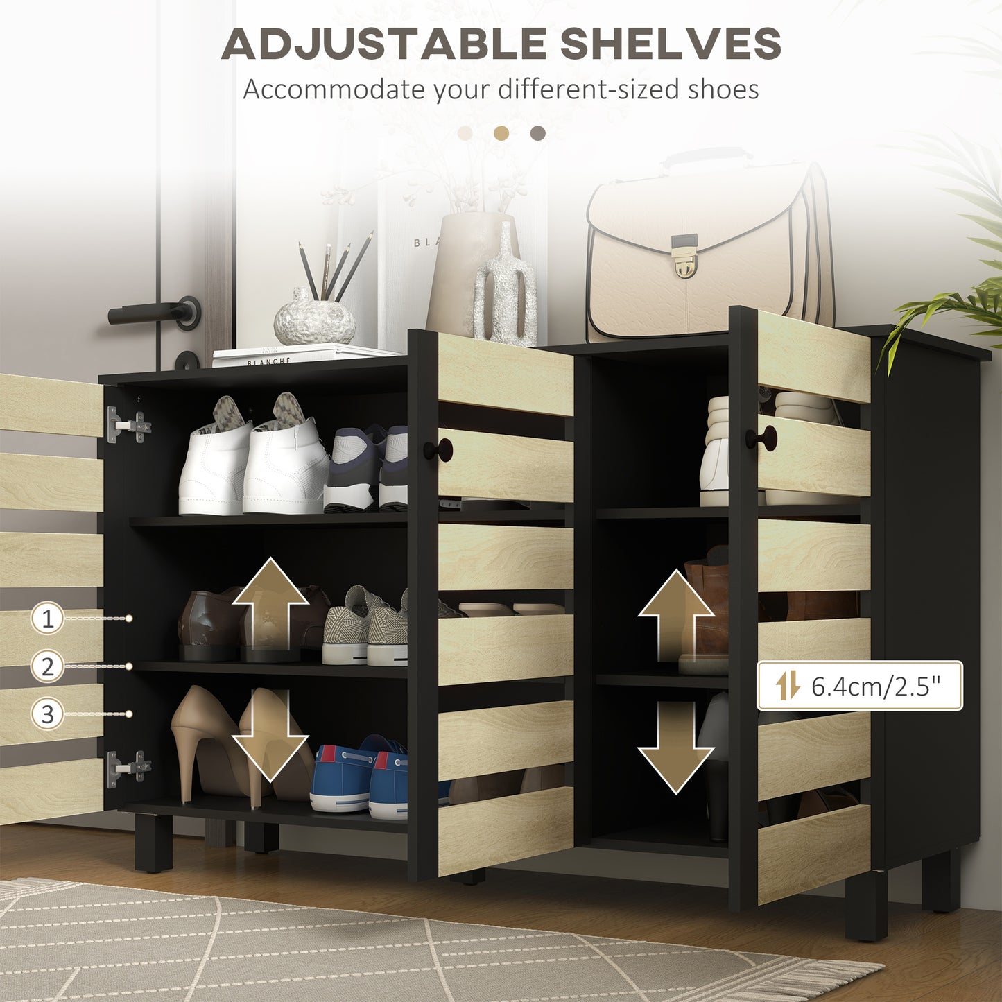 HOMCOM Shoe Cabinet with 3 Slatted Doors, 3-tier Shelving Rack Cabinet with Adjustable Shelves for 15 Pairs of Shoes, Black