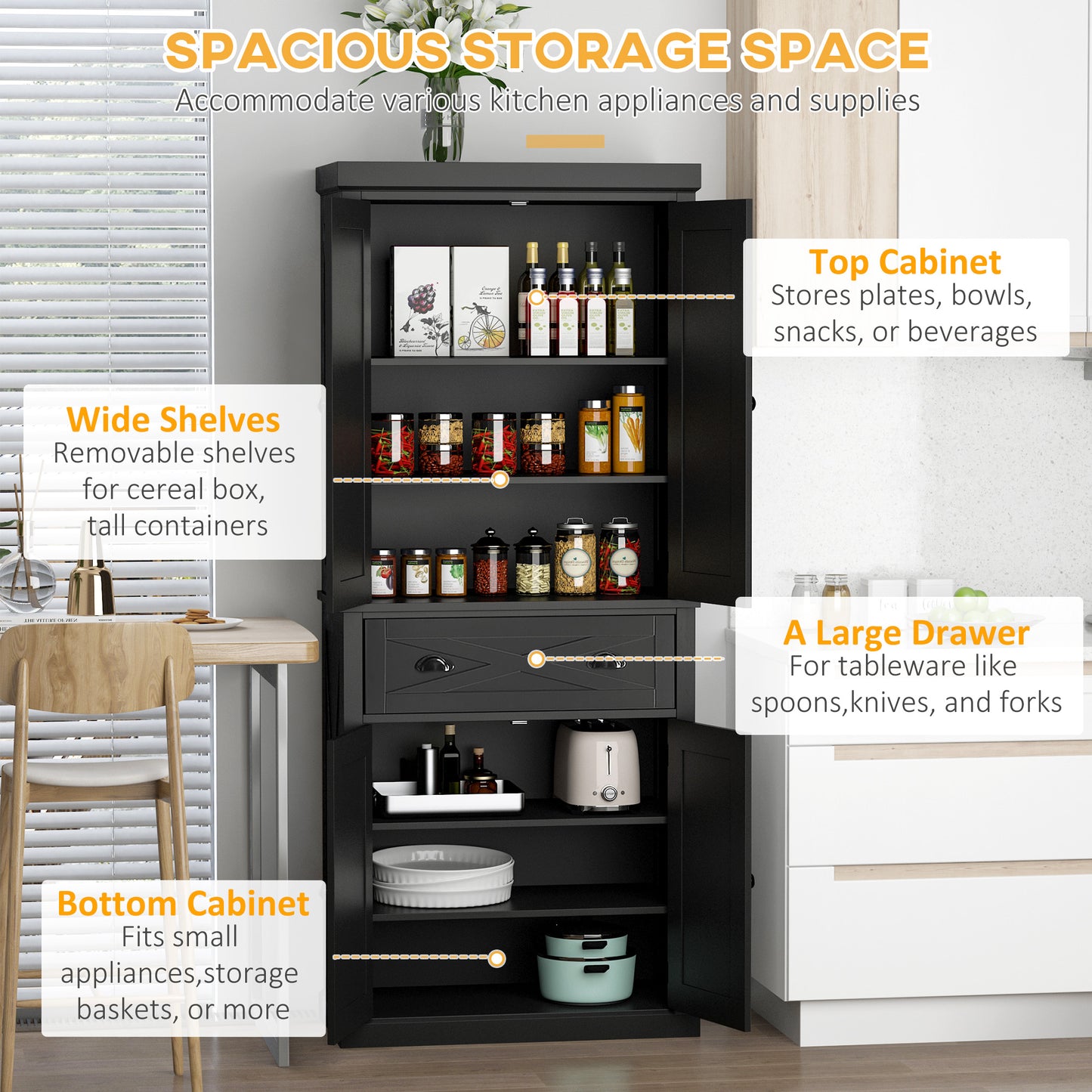HOMCOM 72.5" Kitchen Pantry Cabinet, Freestanding Storage Cabinet with 4 Doors, Drawer and Adjustable Shelves, Black