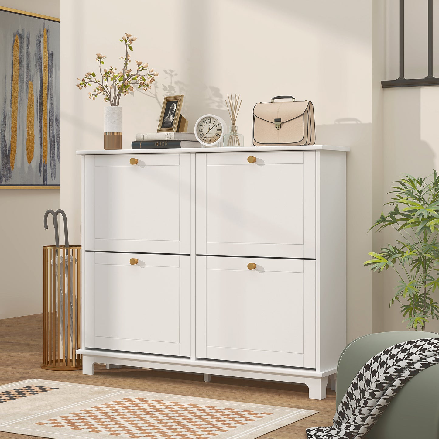 HOMCOM Modern Shoe Storage Cabinet, Narrow Shoe Cabinet with 4 Flip Drawers, Adjustable Shelves, 5 Legs for Entryway, White