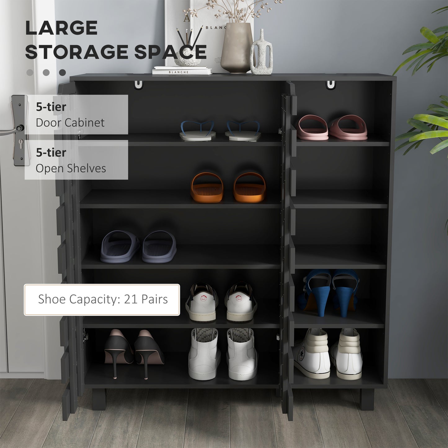 HOMCOM Shoe Cabinet, 21 Pair Shoe Storage Cabinet Organizer with 5-tier Double Door Cupboard and 5-tier Open Shelves, Black