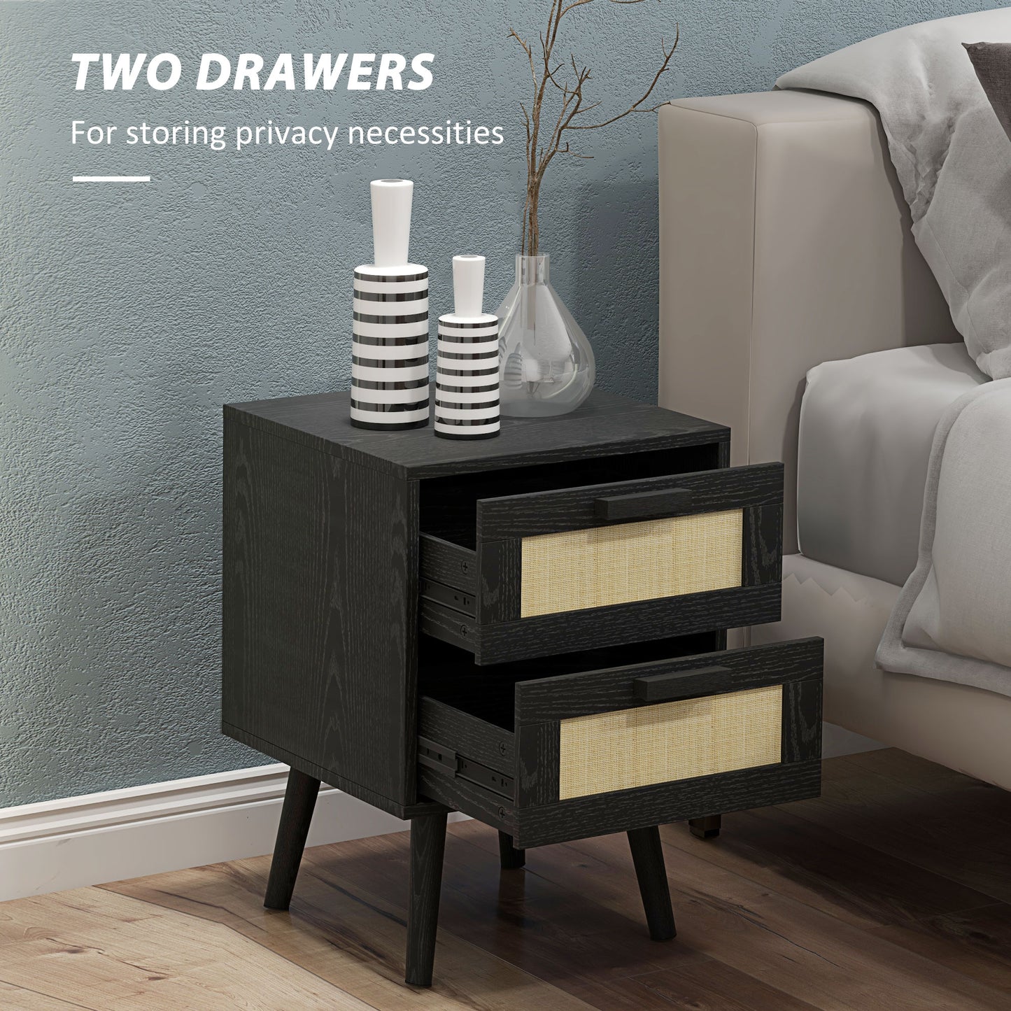 HOMCOM Boho Design Nightstand Set of 2, Side End Table with 2 Drawers for Living Room, Bedroom