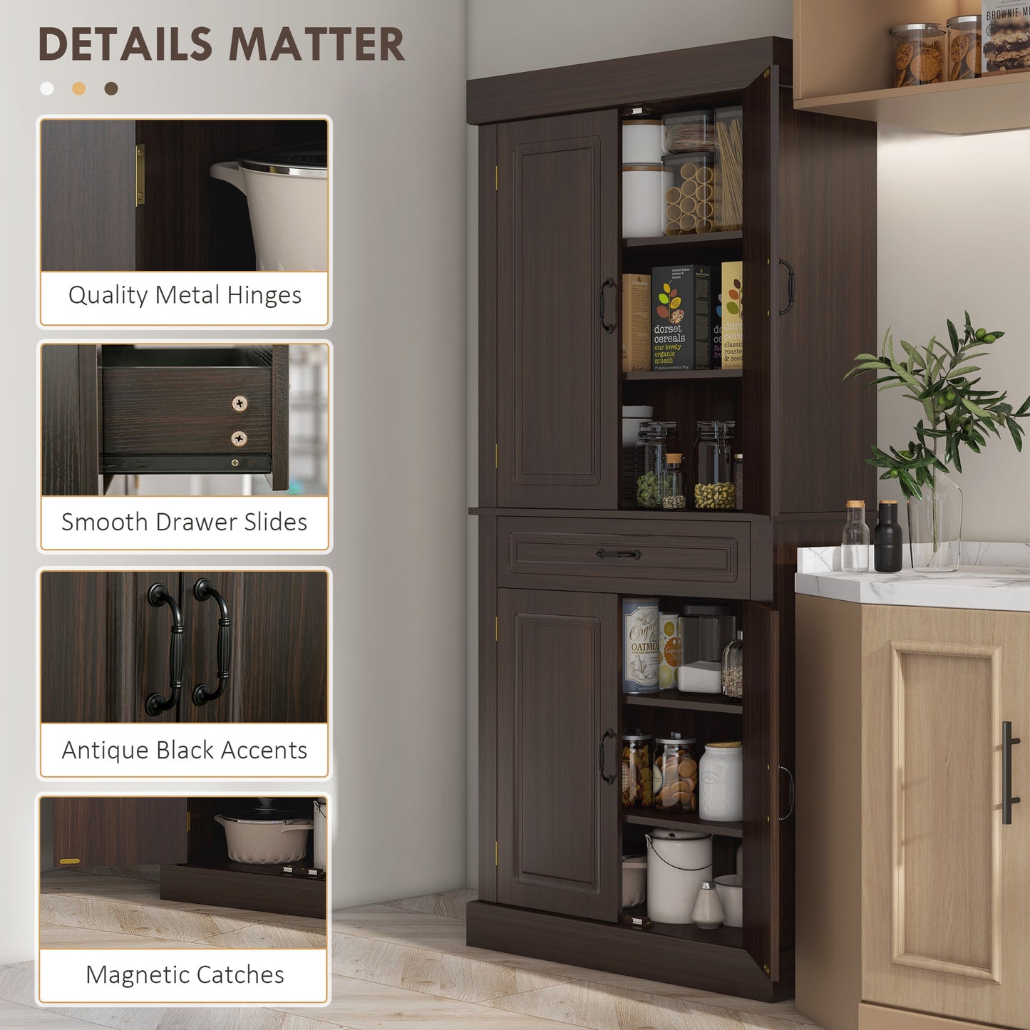 HOMCOM 71" Freestanding Kitchen Pantry with 4 Doors and 2 Cabinets, Tall Storage Cabinet for Kitchen, Distressed Coffee