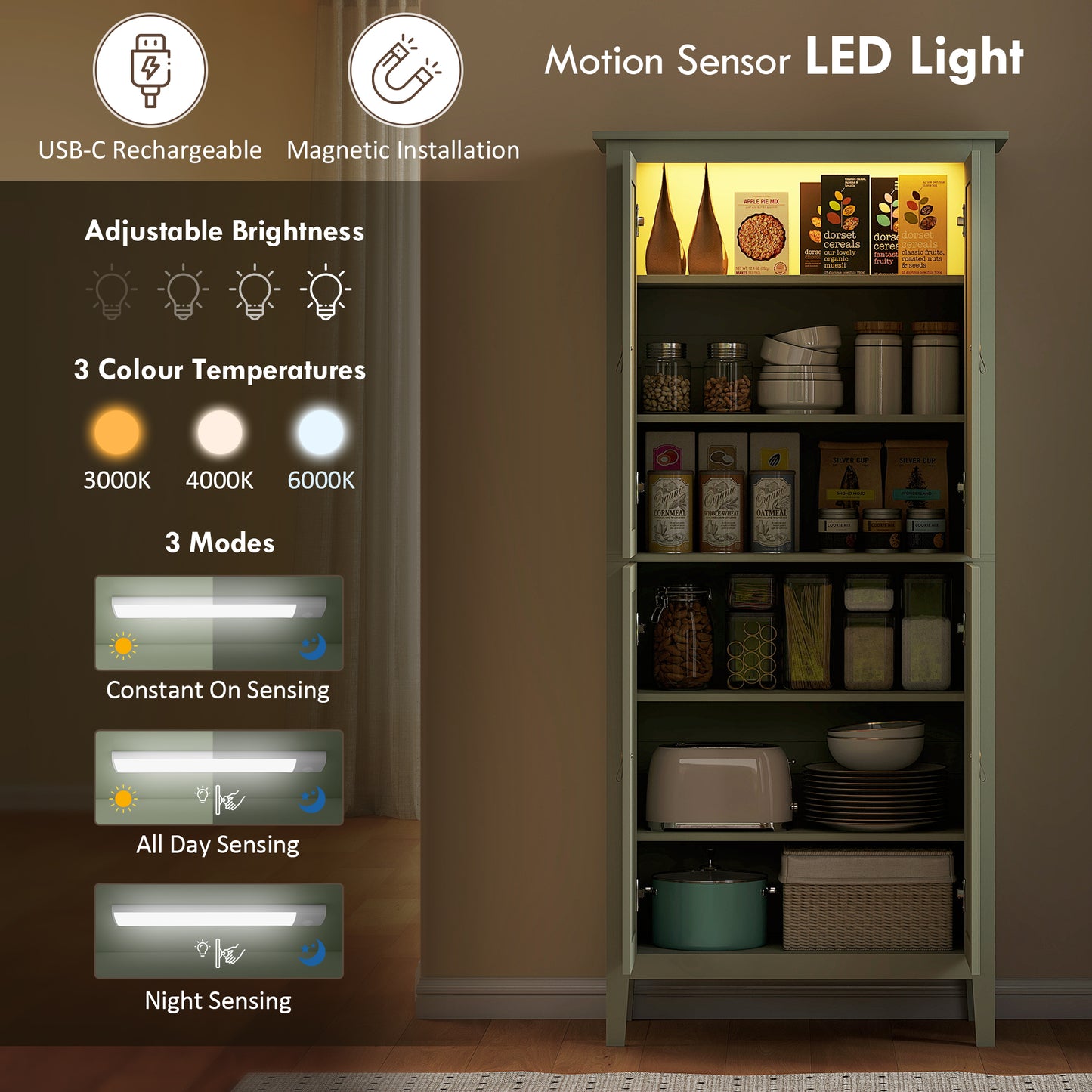 HOMCOM 69.5" Tall Kitchen Pantry Storage Cabinet with Motion Sensor LED Light, Modern Kitchen Pantry Cabinet, Green