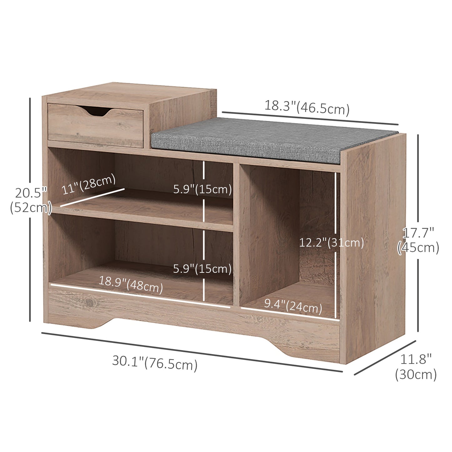 HOMCOM Upholstered Shoe Storage Bench, Hallway Shoe Storage with Seat, Drawer, 3 Open Shelves for Entryway, White