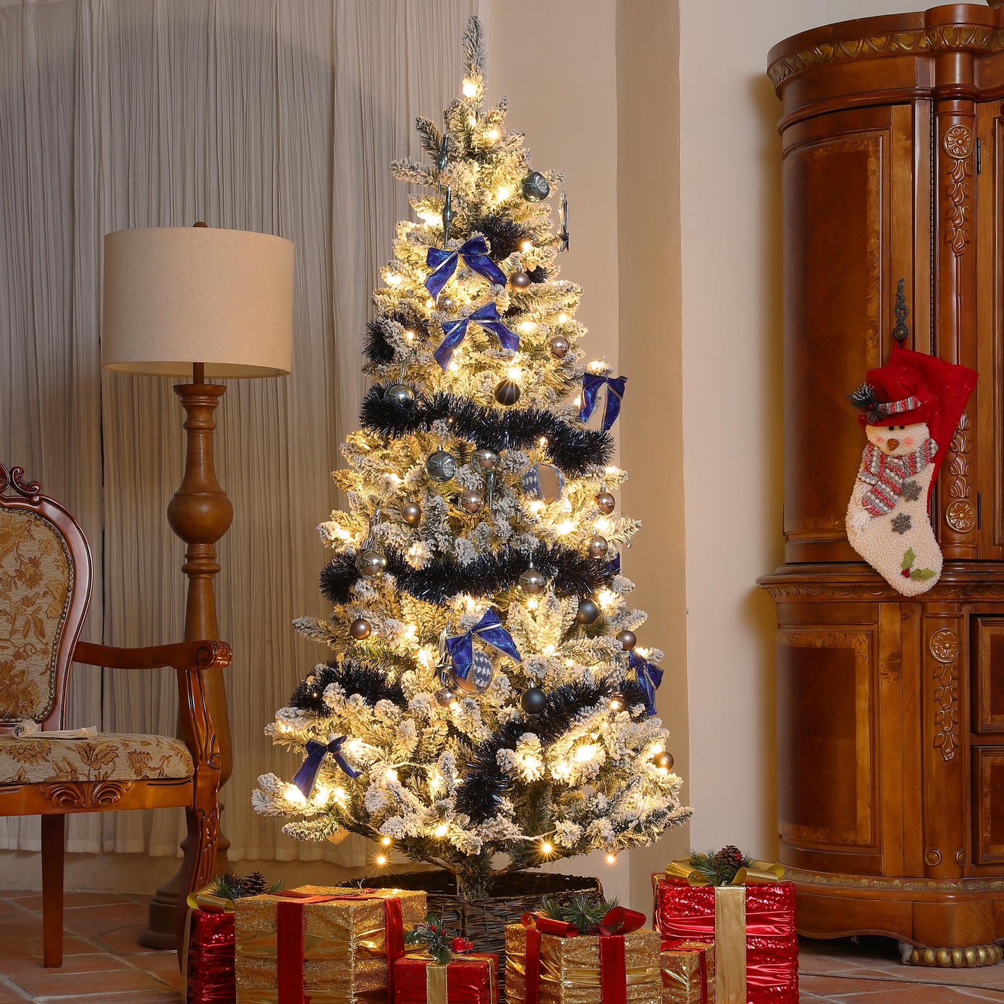HOMCOM 5ft Prelit Artificial Christmas Tree with Blue Ornaments, Flocked Christmas Tree with LED Lights for Holiday
