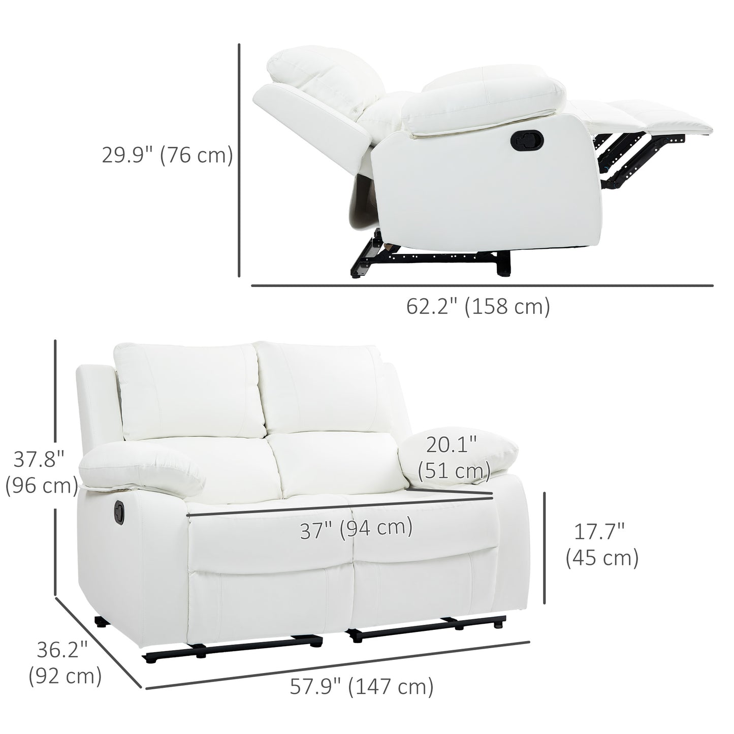 HOMCOM Double Reclining Loveseat, PU Leather Manual Recliner Sofa Chair with Pullback Control Footrest for Living Room, Black