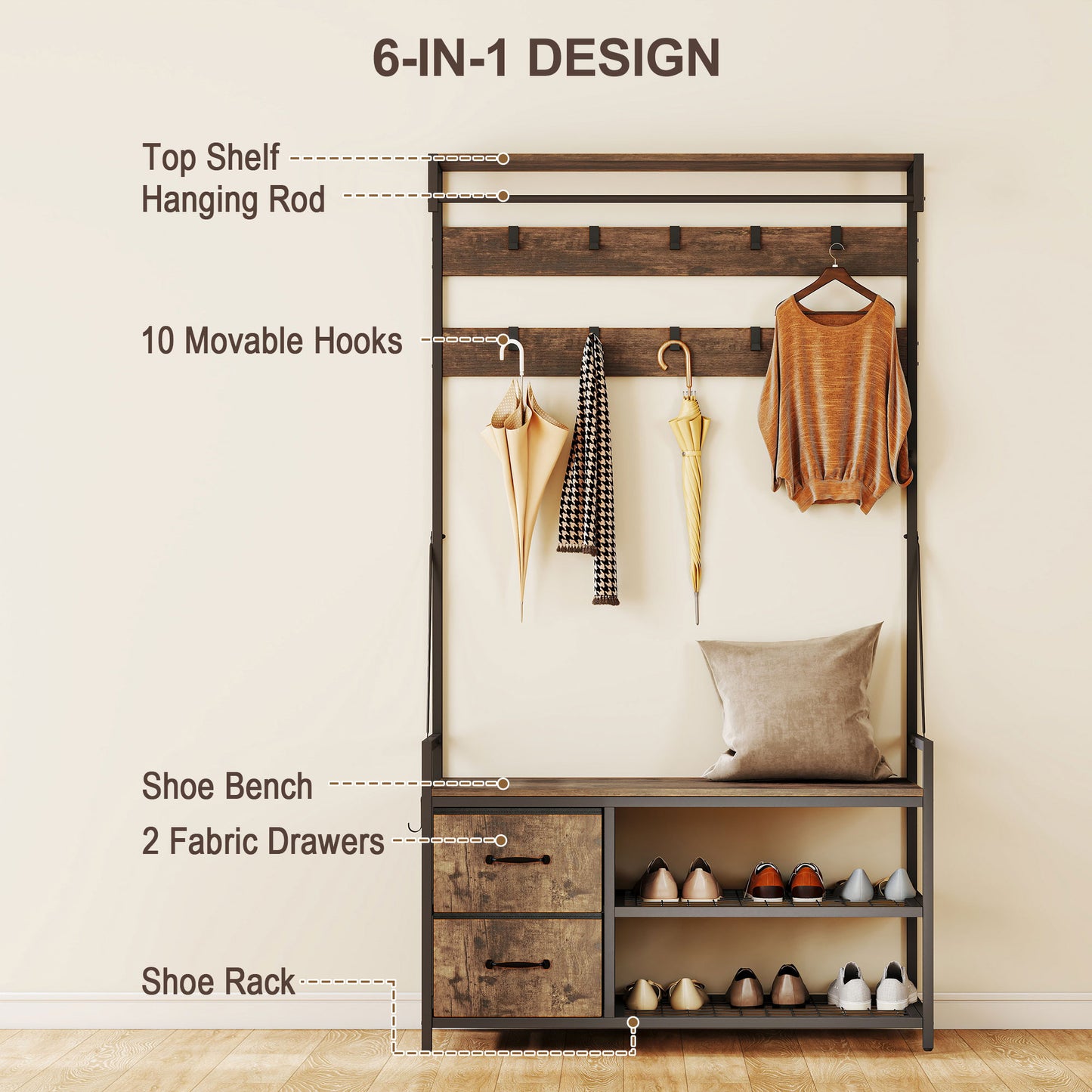 HOMCOM 6-In-1 Hall Tree with Bench and Shoe Storage, Coat Rack Shoe Bench with 10 Hooks, 2 Fabric Drawers, Rustic Brown