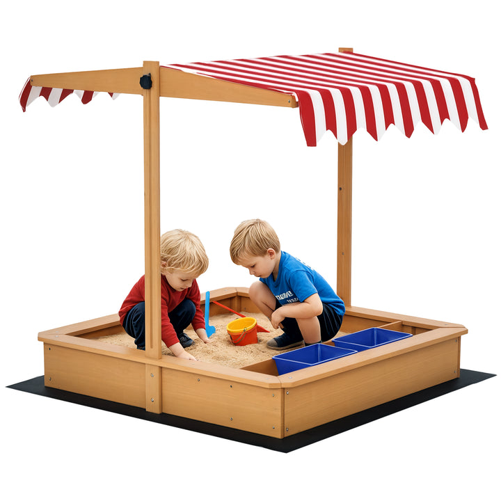 Outsunny Kids Wooden Sandbox, Children Play Sand Station Outdoor with Adjustable Height Cover Lid, Bottom Liner, Seat, Plastic Basins, for 3-7 Years Old Boys and Girls