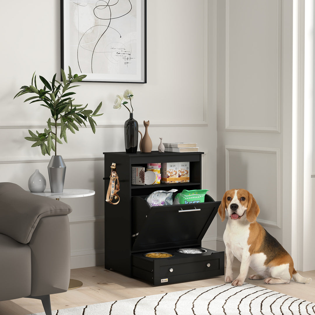 PawHut Pet Feeder Station Storage Cabinet, Dog Food Storage Container with Dog Raised Bowls, Watering Supplies, Gray