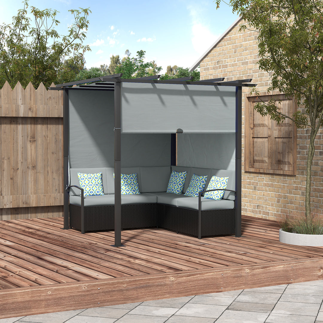 Outsunny Wicker Patio Furniture, Outdoor PE Rattan Sofa Set with Retractable Canopy Pergola, Shade Shelter for Deck, Pool, Garden, Terrace, Blue