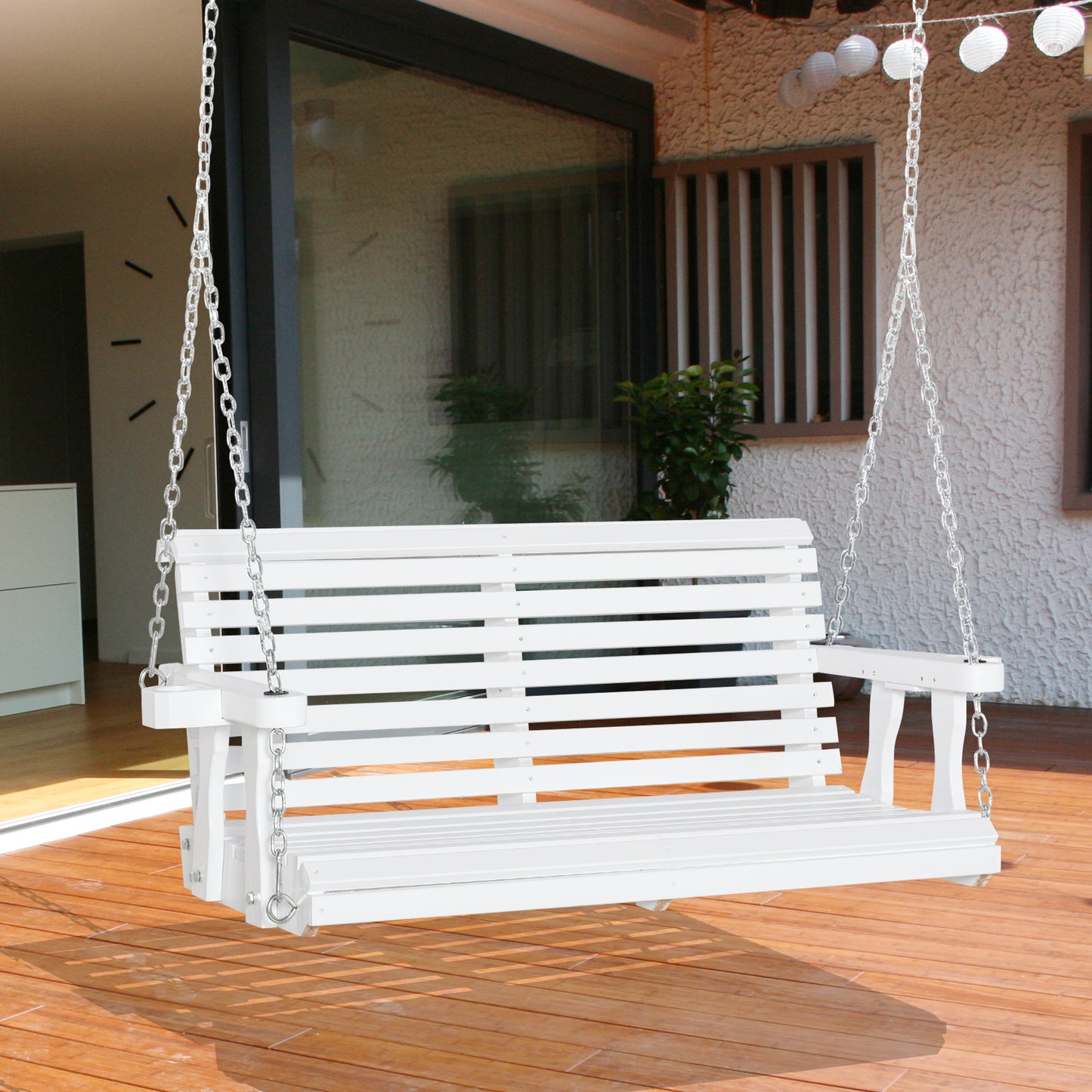 Outsunny 2 Seater Porch Swing Wooden Patio Swing Chair Seat with Cup Holder and Chains Outdoor Swing Bench for Garden Yard, Black
