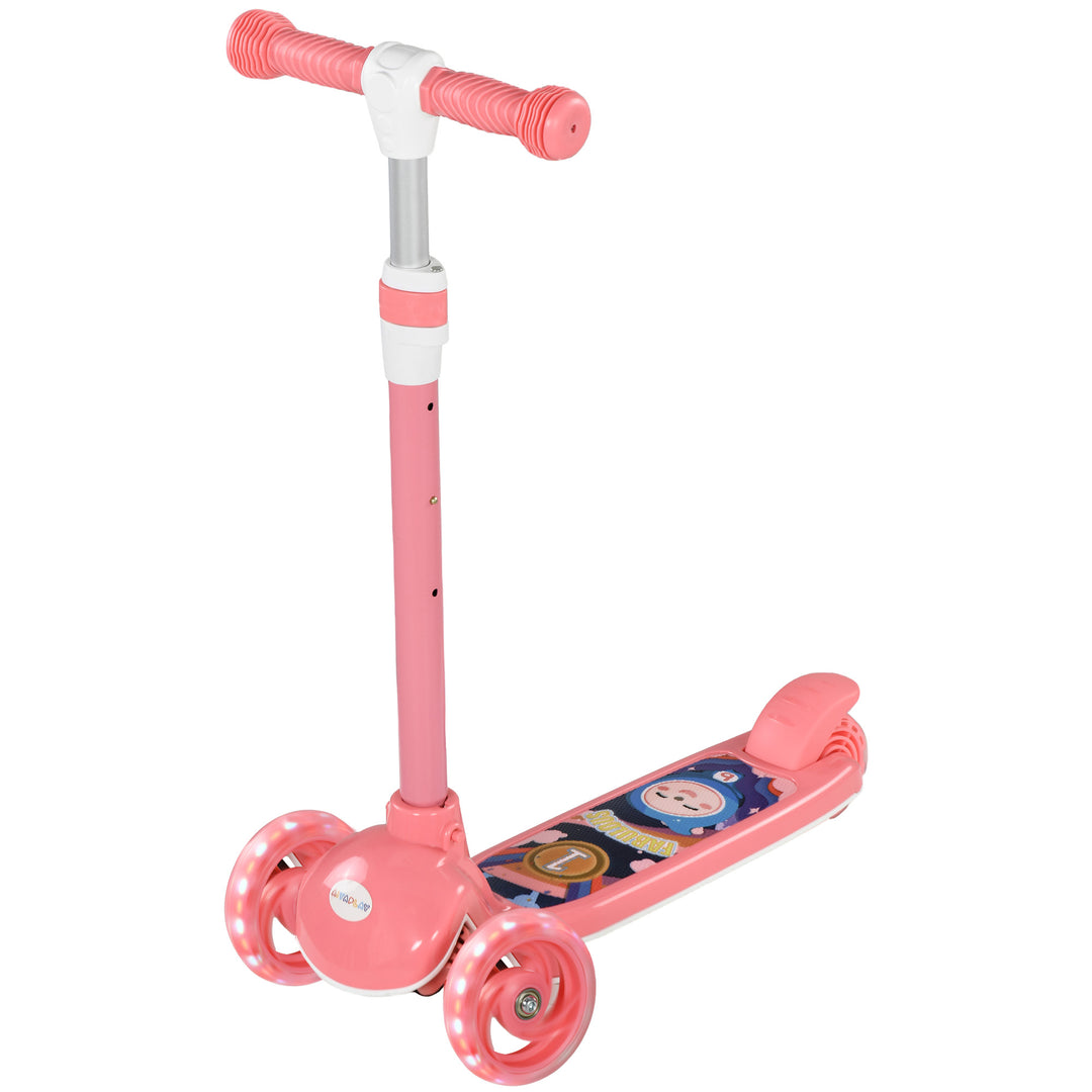 Qaba 3 Wheel Kids Scooter, Toddler Kick Scooter with Adjustable Height, Rear-Fender Brake, LED Light, TPE Handlebar, Pink