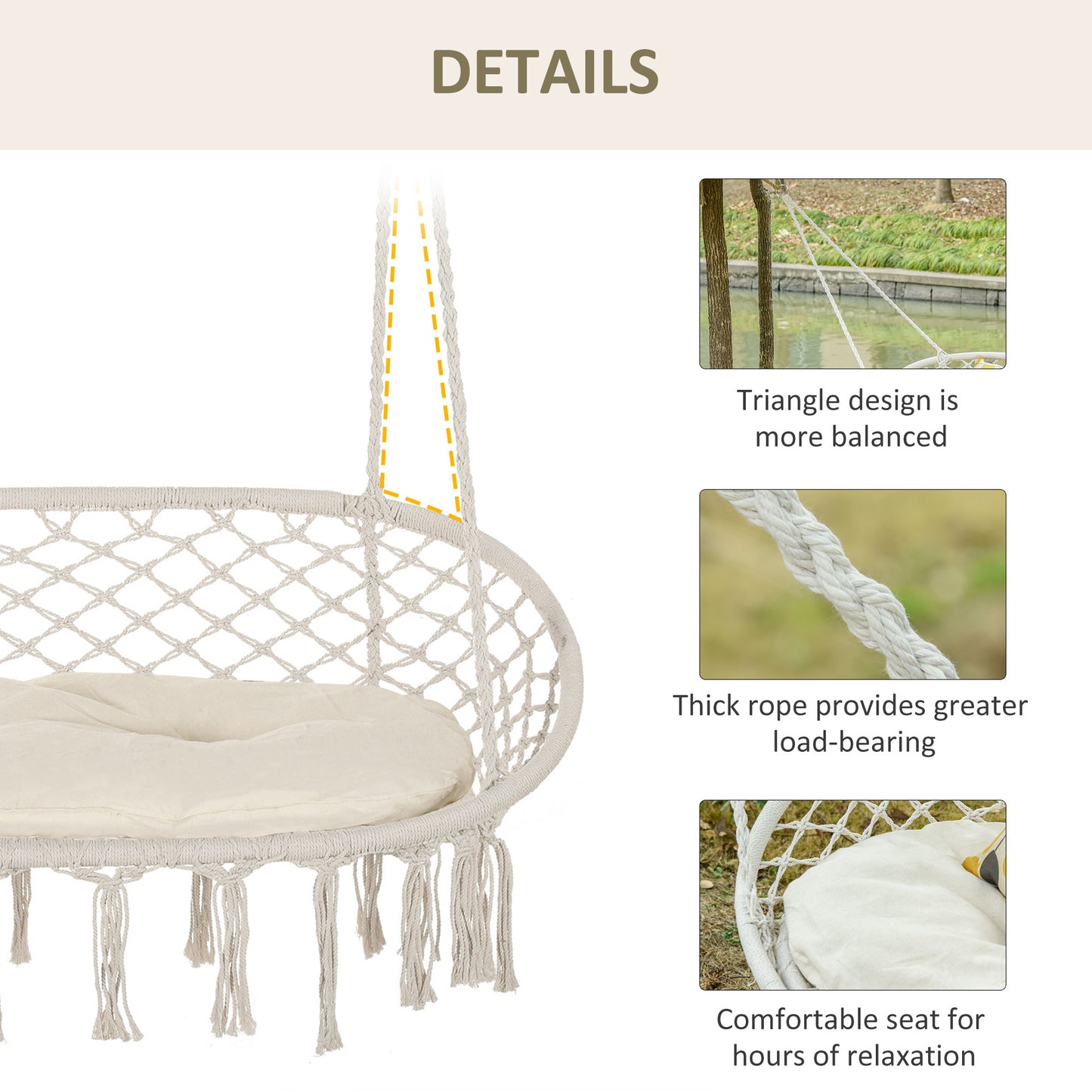 Outsunny Patio Hammock Chair 2 Seat, Hanging Rope Hammock Swing Chair with Metal Frame and Cushion, Large Macrame Seat for Indoor and Outdoor 396 lbs Capacity, Dark Grey