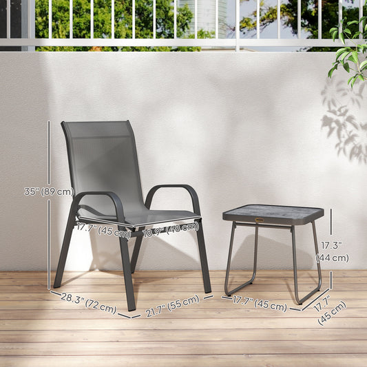 Outsunny Outdoor Bistro Set of 3, 3-Piece Patio Set with Breathable Mesh Fabric, Stackable Chairs and Square Table, Light Grey