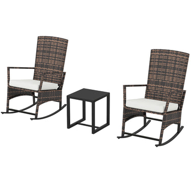 Outsunny 3 Piece Rocking Bistro Set, Wicker Patio Furniture with 3-Level Reclining High Back Rocking Chair and Glass Table, White