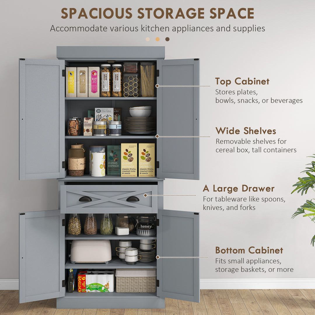 HOMCOM 72.5" Kitchen Pantry Cabinet, Freestanding Storage Cabinet with 4 Doors, Drawer and Adjustable Shelves, Black