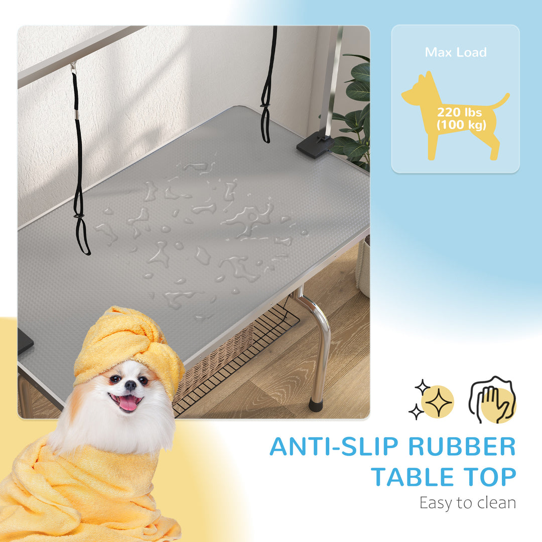 PawHut Adjustable Dog Grooming Table with 2 Safety Slings, Storage Basket, Blue