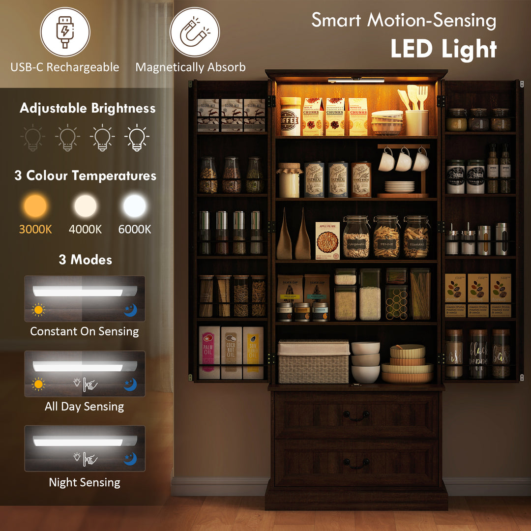 HOMCOM 72" LED Kitchen Pantry Cabinet, Buffet Storage Cabinet with 10 Door Shelves, 2 Drawers and Adjustable Shelves, White