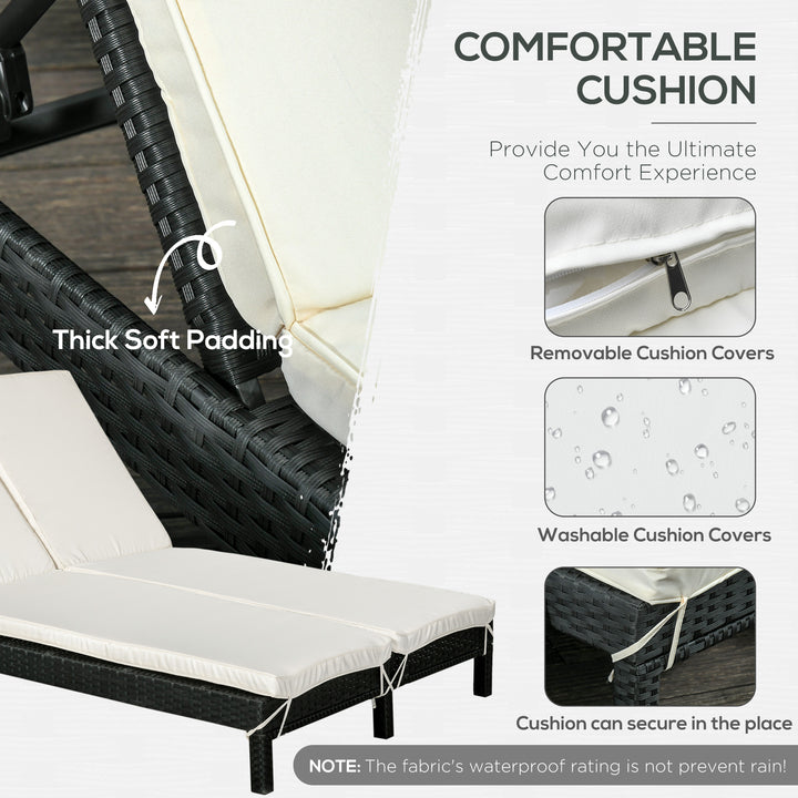 Outsunny Wicker Double Chaise Lounge Chair Outdoor Recliner 2 Person Rattan Patio Reclining Sunbed Furniture Cushioned w/Adjustable Backrest, Cream White