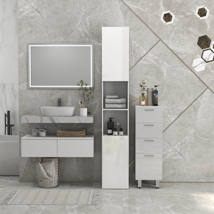 kleankin Tall Bathroom Cabinet, High Gloss Storage Cabinet with Doors and Adjustable Shelves, 11.8" x 11.8" x 71.5", White