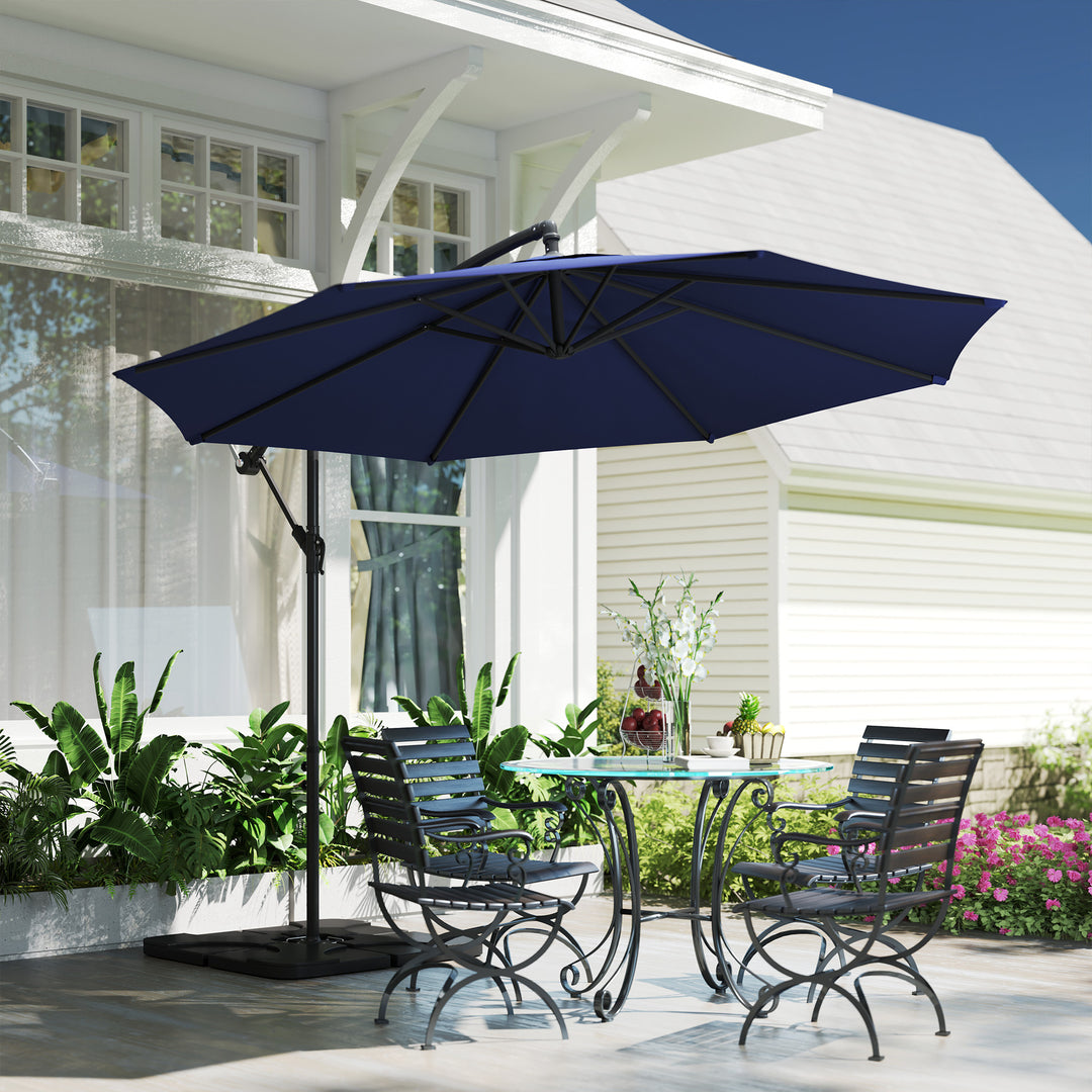 Outsunny 9.6ft Offset Patio Umbrella Garden Hanging Parasol Banana Cantilever Umbrella with Base, Crank, Navy Blue