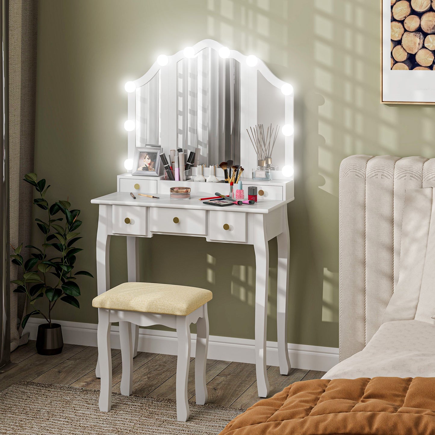 HOMCOM Makeup Vanity Desk with Mirror and Stool, Vanity Set with 10 LED Lights, 5 Drawers and 3 Compartments, White