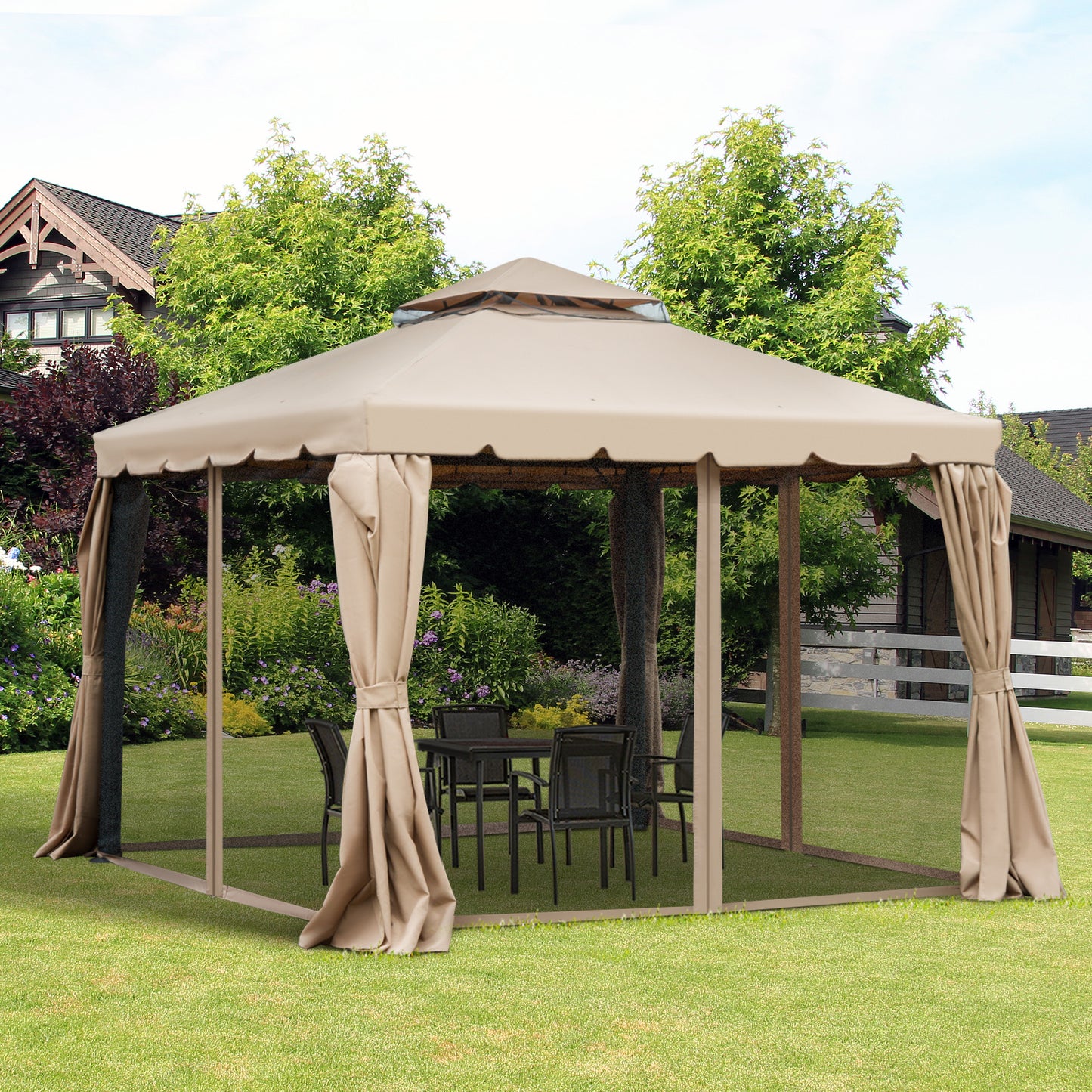 Outsunny 10' x 10' Outdoor Patio Gazebo Double Soft-top Garden Shelter Tent with Curtains, & Mesh Screen Drapes, Brown