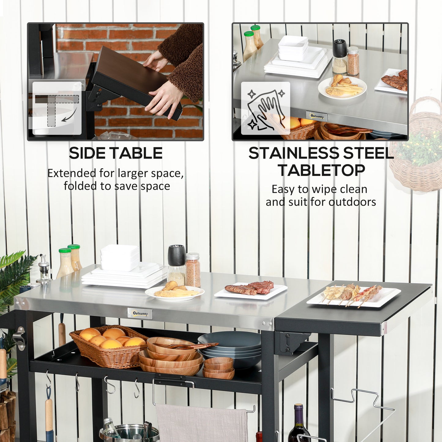 Outsunny 3-Shelf Outdoor Grill Cart Table with Foldable Side Table and Stainless Steel Table Top, Pizza Oven Stand on Wheels