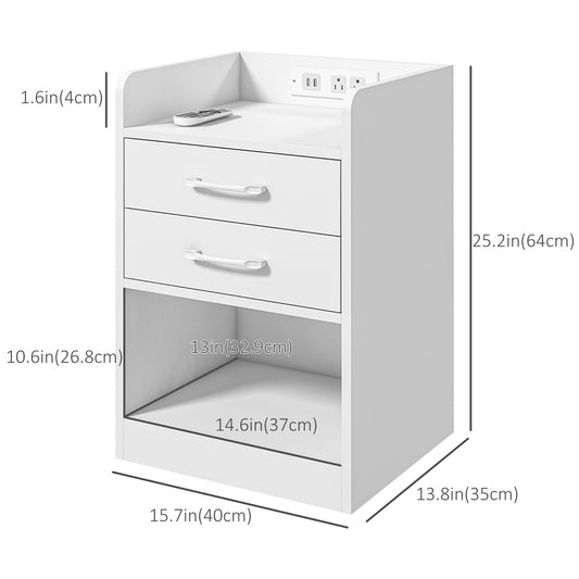 HOMCOM Tall Nightstand with Charging Station and LED Lights, Small Bedside Table with AC Outlets, USB Ports, 2 Drawers, Shelf