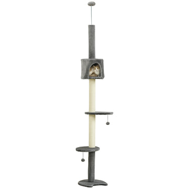 PawHut 4-Tier Floor to Ceiling Cat Tree, Tall Cat Tower with Scratching Post, Plush Padding, Toy Ball, Cat Condo for Indoor Cats, Light Grey