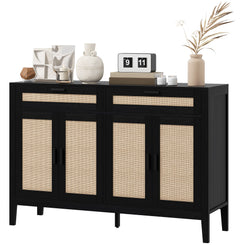 HOMCOM Kitchen Sideboard Cabinet, Boho Buffet Table with Decorative Rattan Doors and Drawers for Dining Room, Black