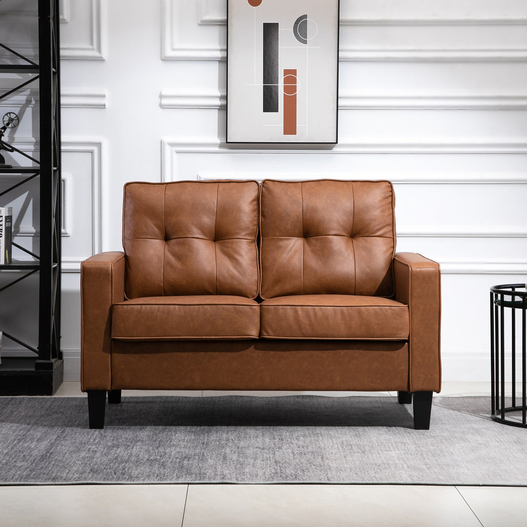 HOMCOM 51" PU Leather Loveseat, Upholstered Double Sofa Couch with Armrests, Tufted Backrest, Pocket Spring and Sponge Padded Cushion for Living Room, Bedroom, Home Office, Brown