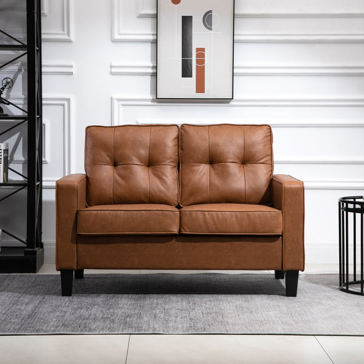 HOMCOM 51" PU Leather Loveseat, Upholstered Double Sofa Couch with Armrests, Tufted Backrest, Pocket Spring and Sponge Padded Cushion for Living Room, Bedroom, Home Office, Brown