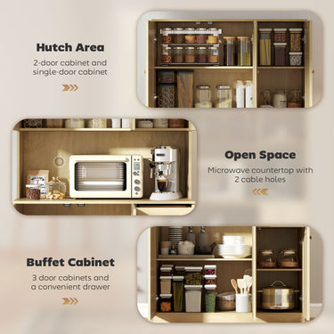 HOMCOM Kitchen Hutch with Microwave Countertop, 71" Boho Kitchen Pantry Cabinet with Decorative Rattan Doors, Natural